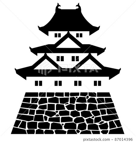 Japanese castle, three-story tower and turret, black and white 87014396