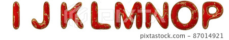 Realistic 3D letters set I, J, K, L, M, N, O, P made of gold shining metal letters. 87014921