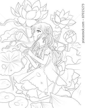 Girl line art praying with lotus flowers Girl line art praying with lotus flowers 87015273