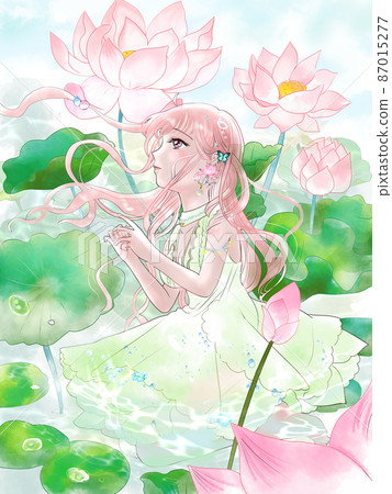 Lotus flower and girl with sky Lotus flower and girl with sky 87015277
