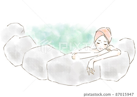 Illustration of a woman entering a hot spring, hand-painted watercolor style 87015947