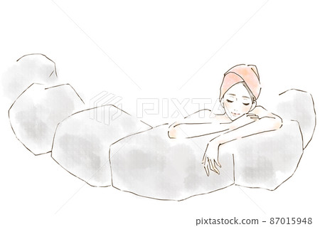 Illustration of a woman taking an open-air bath Travel watercolor style 87015948