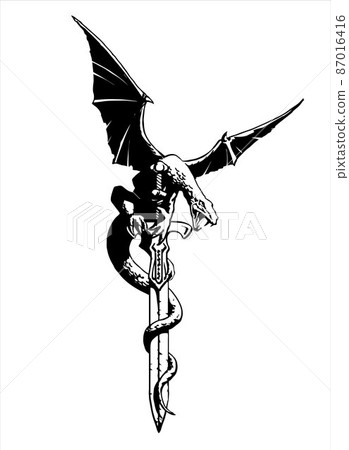 Fantasy Dragon with wings spread on a sword - original vector illustration 87016416