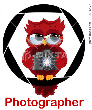 A beautiful cartoon red owl with a camera sits on the camera's diaphragm. Concept photography, vocations, photo business. Inscription Photographer 87016574