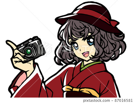 一個和服女孩的上半身帶著相機的插圖 一個和服女孩的上半身帶著相機的插圖 87016581