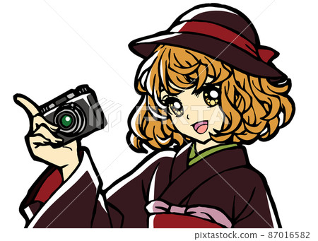 Illustration of the upper body of a kimono girl with a camera 87016582