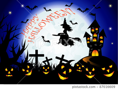 Halloween. The witch flies on a broomstick against the backdrop of a huge full moon and an ominous castle on a raised platform. Night landscape, a flock of bats, jacks 87016609