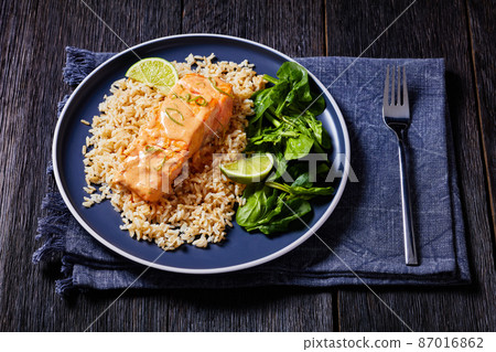portion of cooked Salmon with rice and greens portion of cooked Salmon with rice and greens 87016862