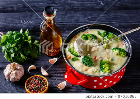 Broccoli cheese soup in a pot, top view Broccoli cheese soup in a pot, top view 87016863