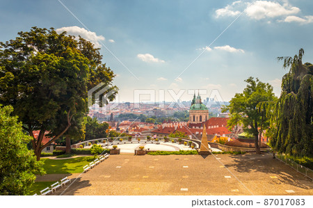 Plecnik viewpoint at Prague Castle - city landscape with Church of Saint Nicholas, Czech republic 87017083