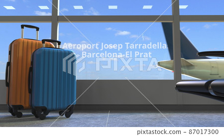 Airliner revealing Aeroport Josep Tarradellas Barcelona-el Prat text in the window of terminal. 3d rendering 87017300