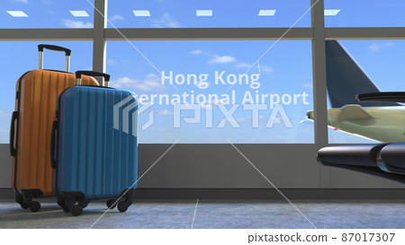 Airliner revealing Hong kong International Airport text in the window of terminal. 3d rendering 87017307