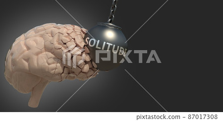 Brain hit by wrecking ball with Solitude text, medical conceptual 3D rendering 87017308