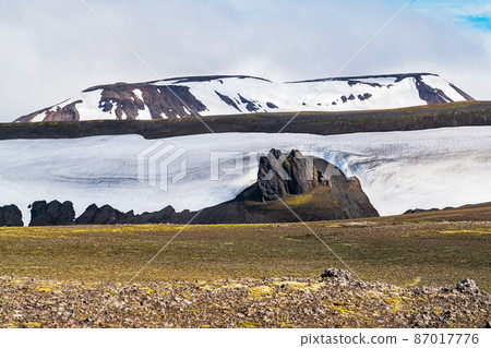 Beautiful mountain landscape with snow covered and big rock at highlands in Iceland. 87017776