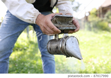 Beekeeper in protective suit holds smoker in hands Beekeeper in protective suit holds smoker in hands 87017990