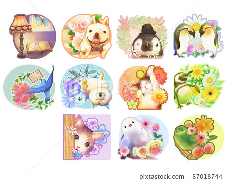 可愛的動物和花朵的浮雕圖標集（白色背景） 87018744