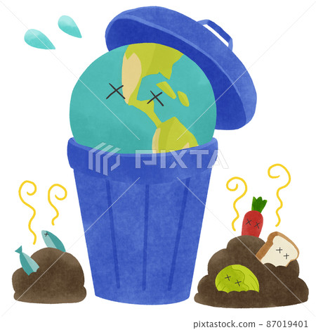 食物損失手繪插圖扔在垃圾桶裡的地球和溢出的泔水 87019401