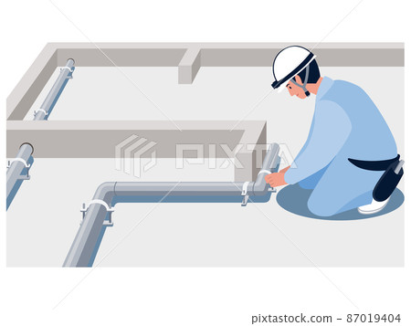 Vector illustration of a plumber performing water supply and drainage pipe construction 87019404