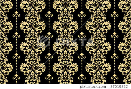 Wallpaper in the style of Baroque. Seamless vector background. Gold and black floral ornament. Graphic pattern for fabric, wallpaper, packaging. Ornate Damask flower ornament Wallpaper in the style of Baroque. Seamless vector background. Gold and black floral ornament. Graphic pattern for fabric, wallpaper, packaging. Ornate Damask flower ornament 87019822