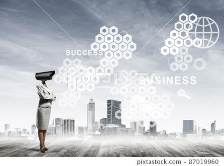 Concept of security and privacy protection with camera headed woman Concept of security and privacy protection with camera headed woman 87019960