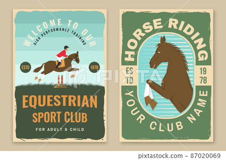 Set of Horse racing sport club retro posters. Vector illustration. Vintage equestrian label, sticker with rider and horse silhouettes. 87020069