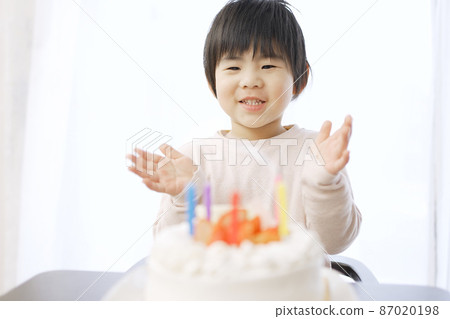 Asian boy happy with birthday cake 87020198