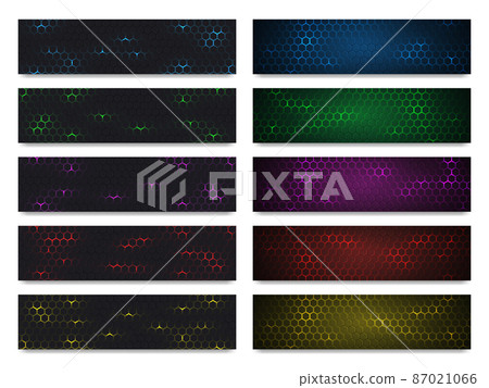 Wide hexagonal technology colored abstract double banner set. Honeycomb texture grid collection Wide hexagonal technology colored abstract double banner set. Honeycomb texture grid collection 87021066