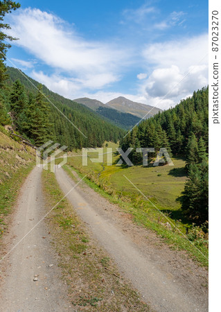 View in Mountains. Road to Shenako village from Diklo in Tusheti region 87023270