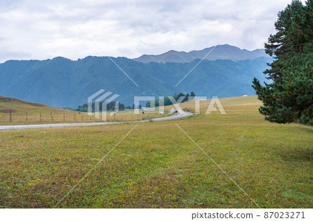 Mountain road in the high mountain village Tusheti, Omalo. Georgia 87023271