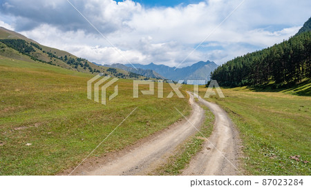 View in Mountains. Road to Shenako village from Diklo in Tusheti region 87023284