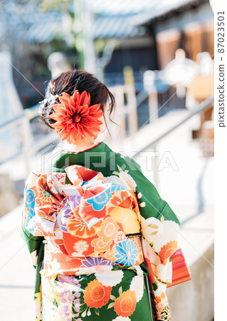 The back of a woman wearing a kimono The back of a woman wearing a kimono 87023501