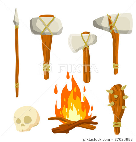 Set of stone age man. Caveman weapons for hunting and life. Set of stone age man. Caveman weapons for hunting and life. 87023992