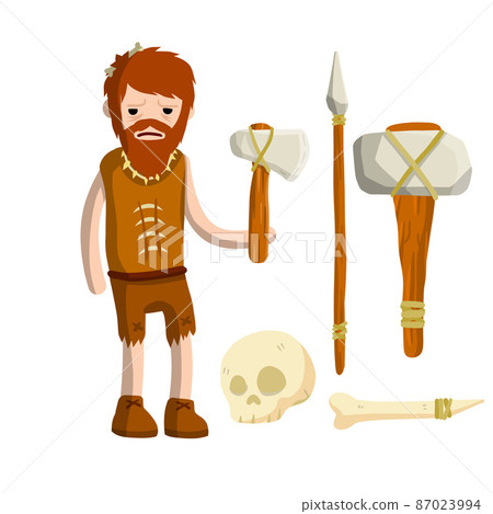 Primitive caveman. Prehistoric hunter. Stone age. Man with an axe or a hammer. 87023994