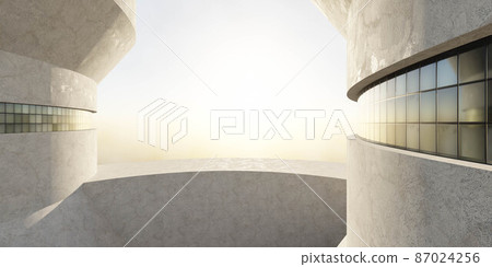 round high futuristic concrete buildings exterior with glass windows and sun light reflection 3d render illustration 87024256