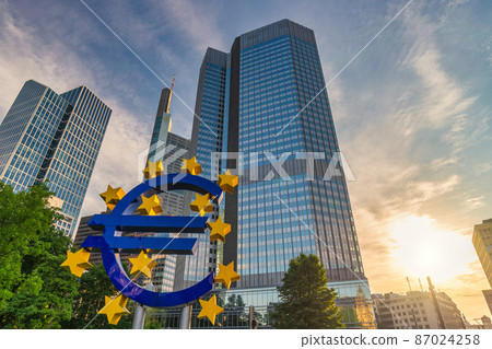 Frankfurt, Germany sunrise city skyline at European Central Bank (ECB) and Euro Sign 87024258