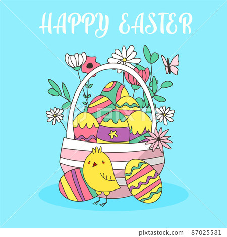 Basket with Easter eggs. Wicker basket, spring flowers, colorful eggs. Colorful vector illustration on a blue background. A greeting card. Doodle. EPS 87025581