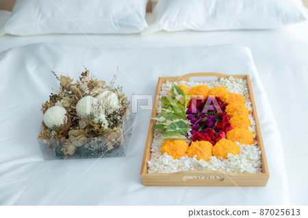 Thai wedding ceremony concept. Flower on honeymoon bed is a part of bride price in Thai wedding 87025613
