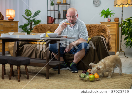 The man eats a delicious pizza and the dog gets fruit on a platter. The man eats a delicious pizza and the dog gets fruit on a platter. 87025759