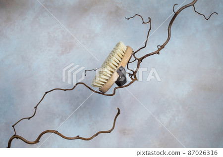 Wooden body brush with natural bristle on willow branches, natural sustainable anti cellulite tool 87026316