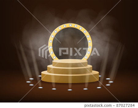Podium stage with rays of spotlights for Award ceremony Winner with smoke. Gold platform concept. Vector illustration Podium stage with rays of spotlights for Award ceremony Winner with smoke. Gold platform concept. Vector illustration 87027284