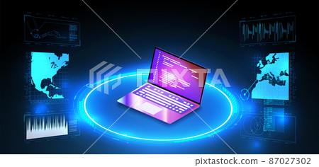 Web hosting or programming concept. Web programming development, laptop with UI UX interface. Computer web data center server isometric landing vector page. Vector illustration Web hosting or programming concept. Web programming development, laptop with UI UX interface. Computer web data center server isometric landing vector page. Vector illustration 87027302