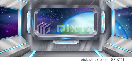 Space ship cockpit interior, shuttle window Earth view vector futuristic alien spacecraft background 87027391