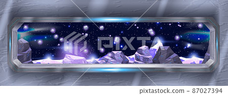 Spaceship window view, future spacecraft interior, vector alien planet rock stone meteorite surface 87027394