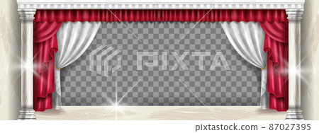 Theater stage, vector red cinema curtains on transparent background, marble pillar, white tulle 87027395