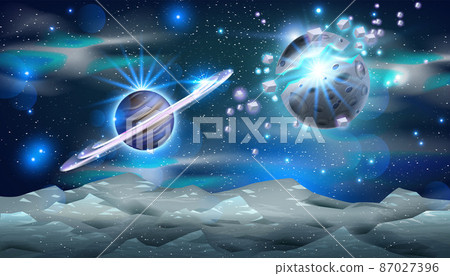 Universe space background, alien planet explosion, vector galaxy cosmic sky illustration, asteroid 87027396