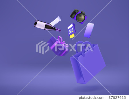 Shopping bag with goods in veri peri color room . 3d vector illustration 87027613