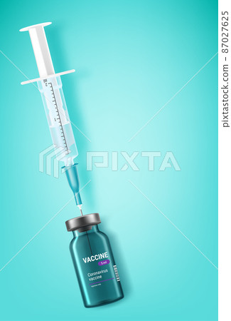Vaccine glass vial with needle of syringe inside. 3d vector Vaccine glass vial with needle of syringe inside. 3d vector 87027625