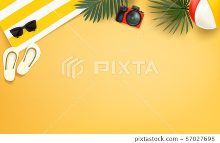 Travelers things on a beach. Sunglasses, photo camera, Travelers things on a beach. Sunglasses, photo camera, 87027698