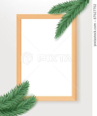 Empty wood frame on the table with pine branches. 3d vertical vector mockup for design 87027702