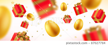Gift boxes and eggs in the air. Happy Easter card. 3d vector illustration Gift boxes and eggs in the air. Happy Easter card. 3d vector illustration 87027784